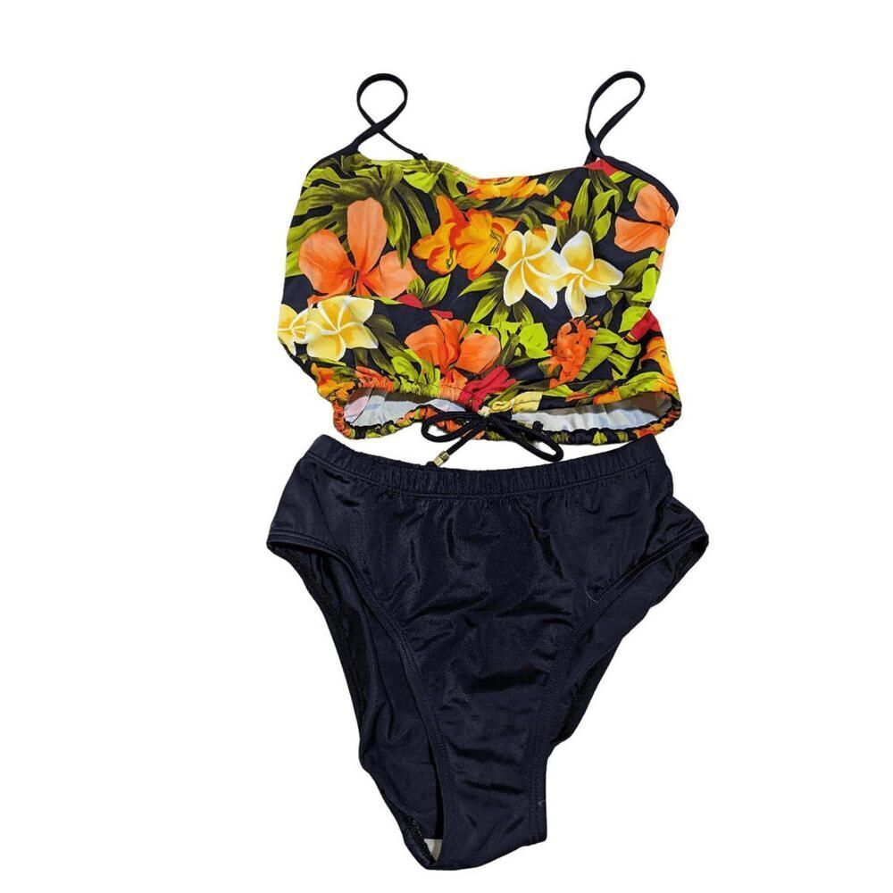 Beach Bay Women's 2 Piece Orange Floral Top Black Bottom Swim Suit Size 10